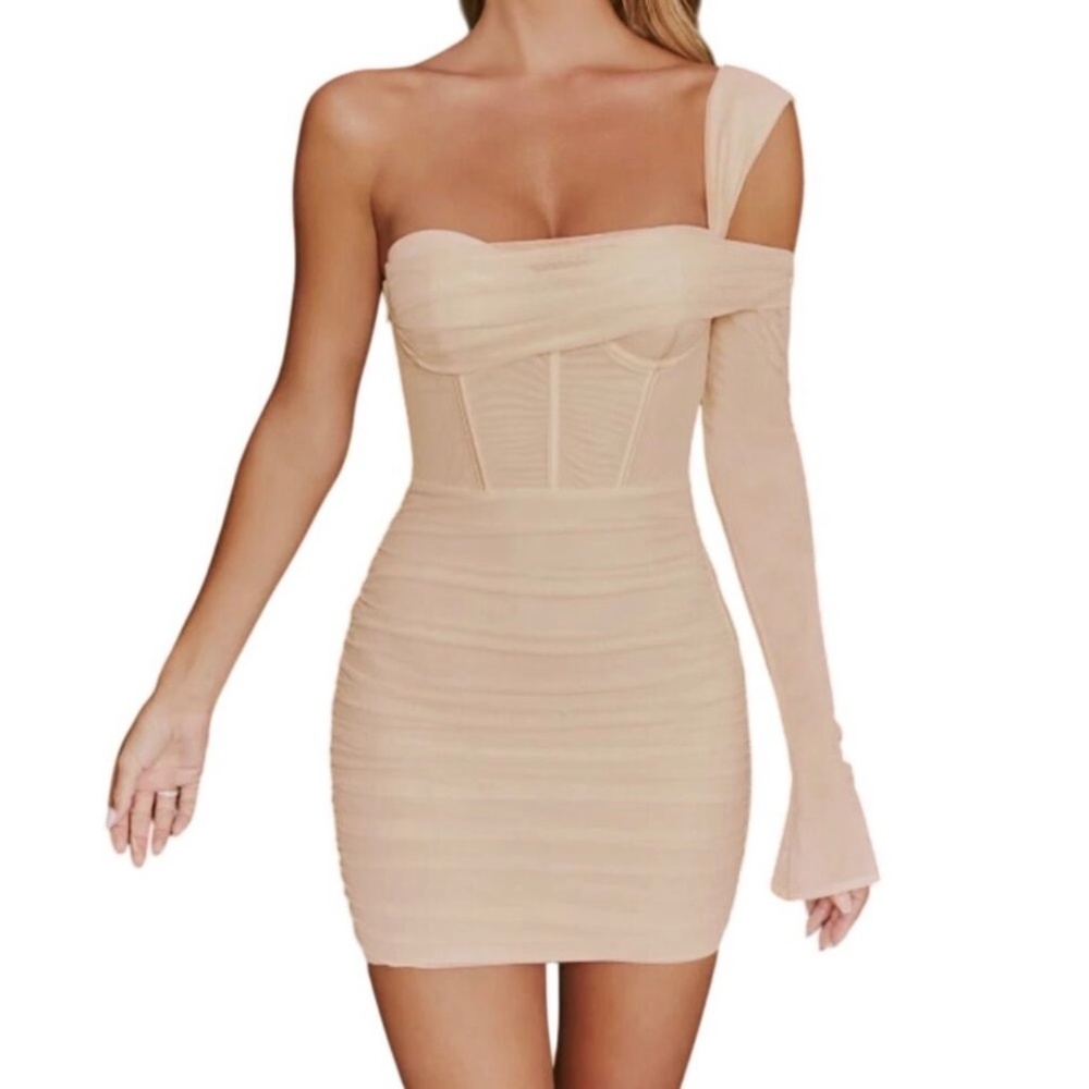 Oh Polly One For You Mesh Asymmetric Off Shoulder Mini Dress Cream Size US 2
